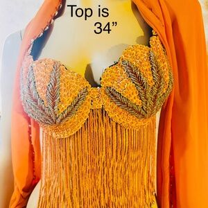 Handmade Tangerine Solid Beaded Belly Dance Top & Hip Belt